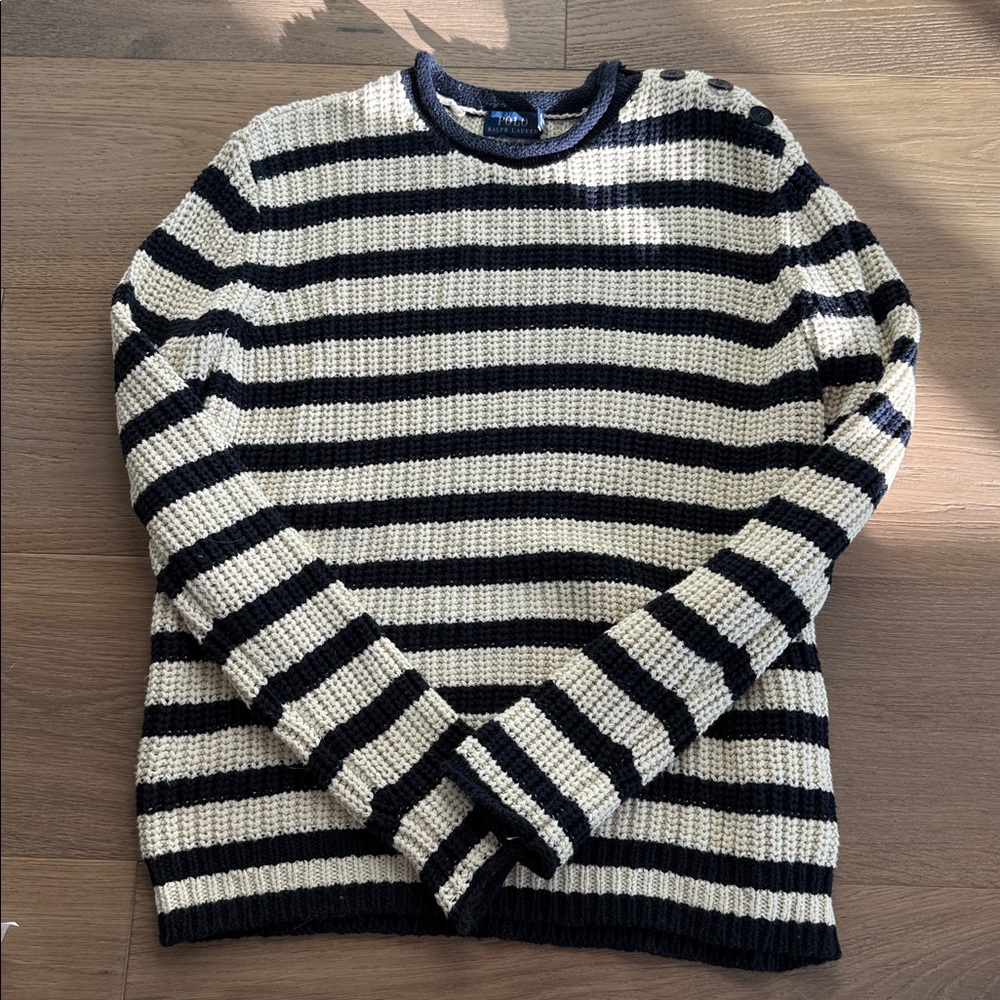 Ralph Lauren Navy and Cream Striped Crewneck Sweater